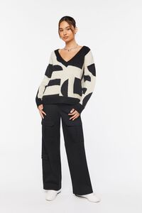 BEIGE/BLACK Abstract Print V-Neck Sweater, image 5