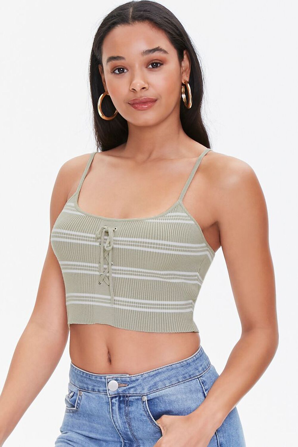 OLIVE/WHITE Striped Lace-Up Cropped Cami, image 1