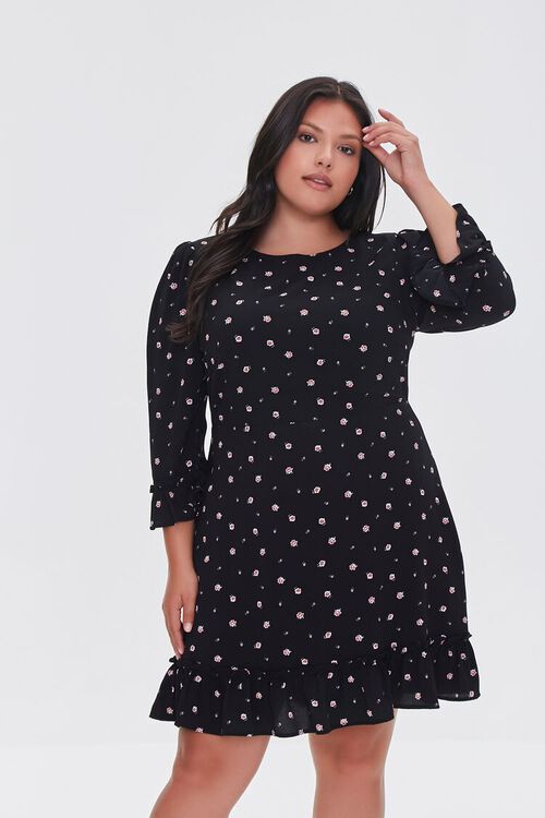 BLACK/MULTI Plus Size Recycled Ditsy Floral Dress, image 1