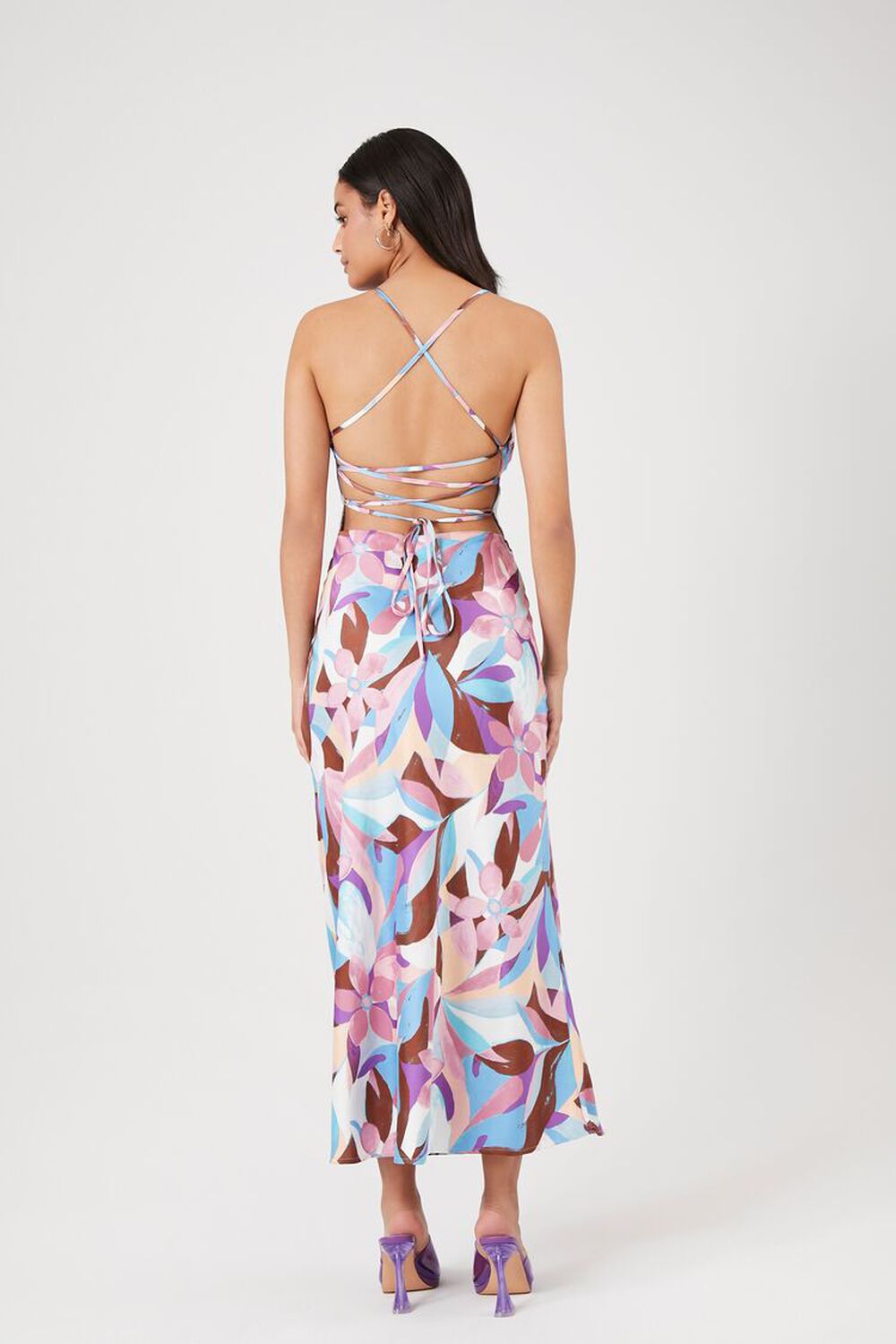 Satin Abstract Print Lace-Up Dress