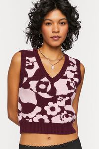 PINK/MERLOT Abstract Floral Print Cropped Sweater Vest, image 1