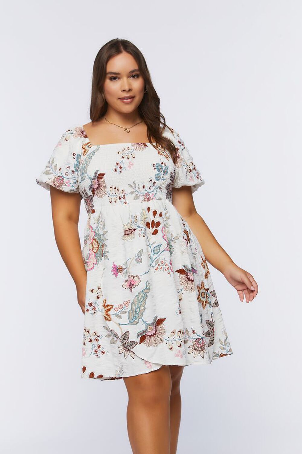 CREAM/MULTI Plus Size Floral Print Mini Dress, image 1