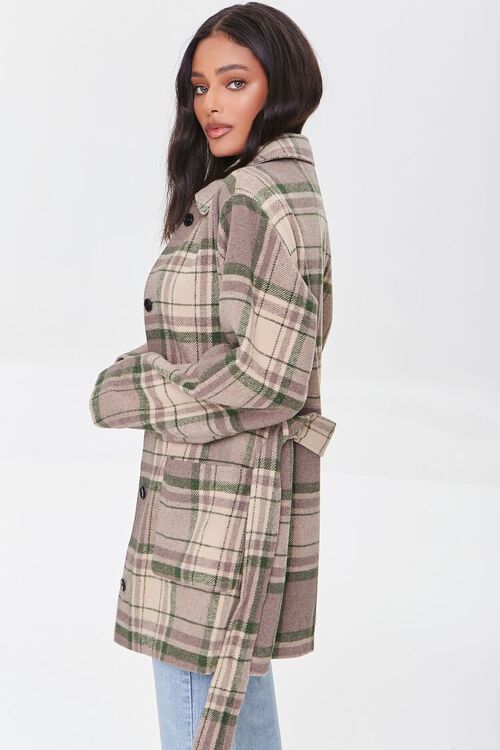 CREAM/OLIVE Belted Plaid Buttoned Coat, image 2