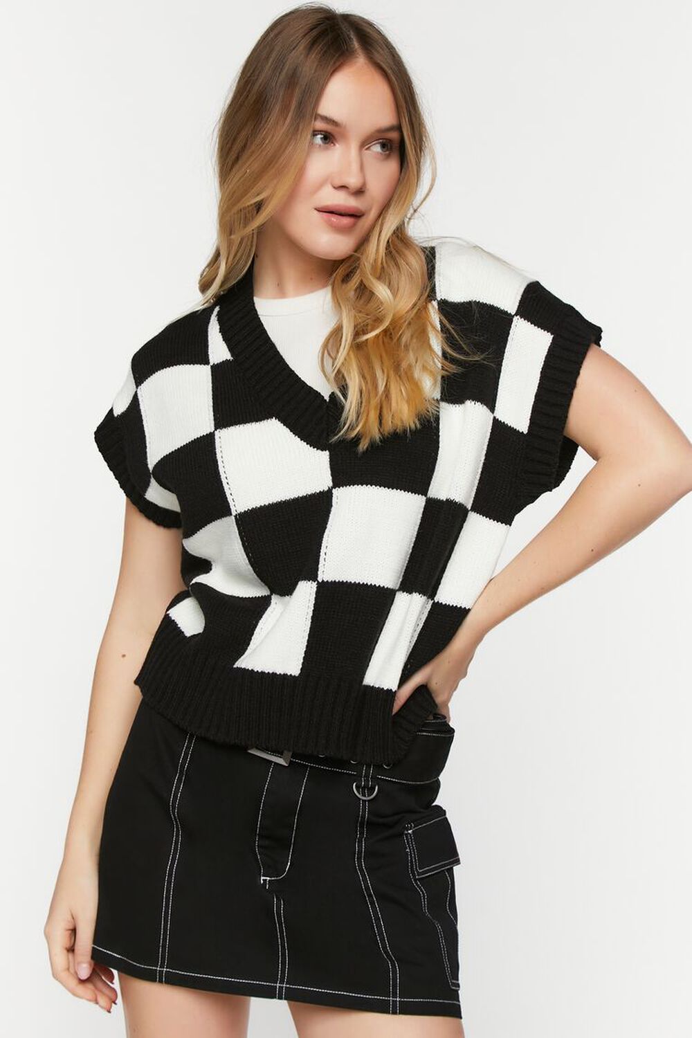 WHITE/BLACK Checkered V-Neck Sweater Vest, image 1
