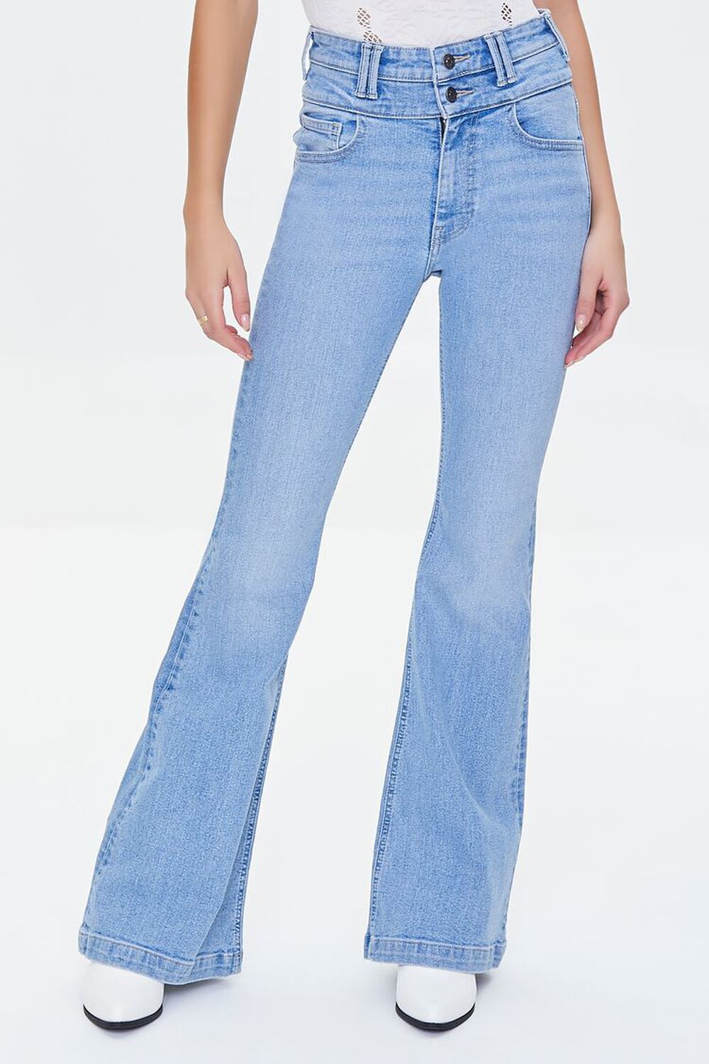 MEDIUM DENIM Recycled Cotton High-Rise Flare Jeans, image 1
