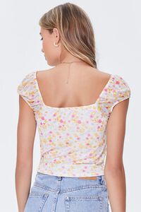 IVORY/MULTI Floral Print Ruched Mesh Crop Top, image 3