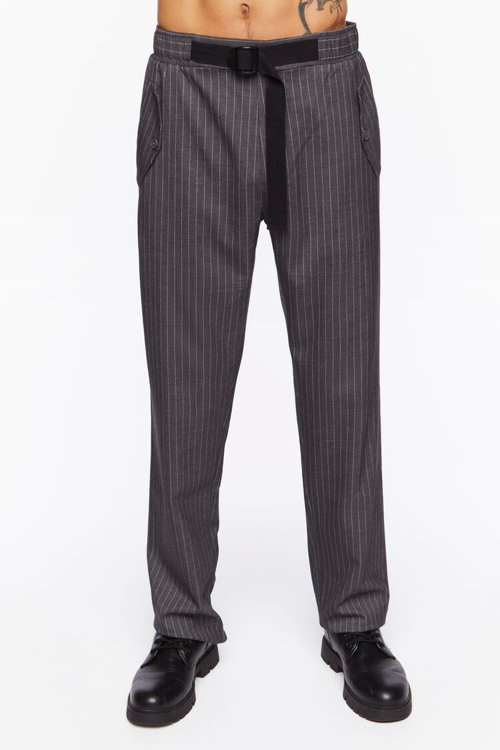 CHARCOAL/WHITE Pinstriped Belted Trousers, image 2