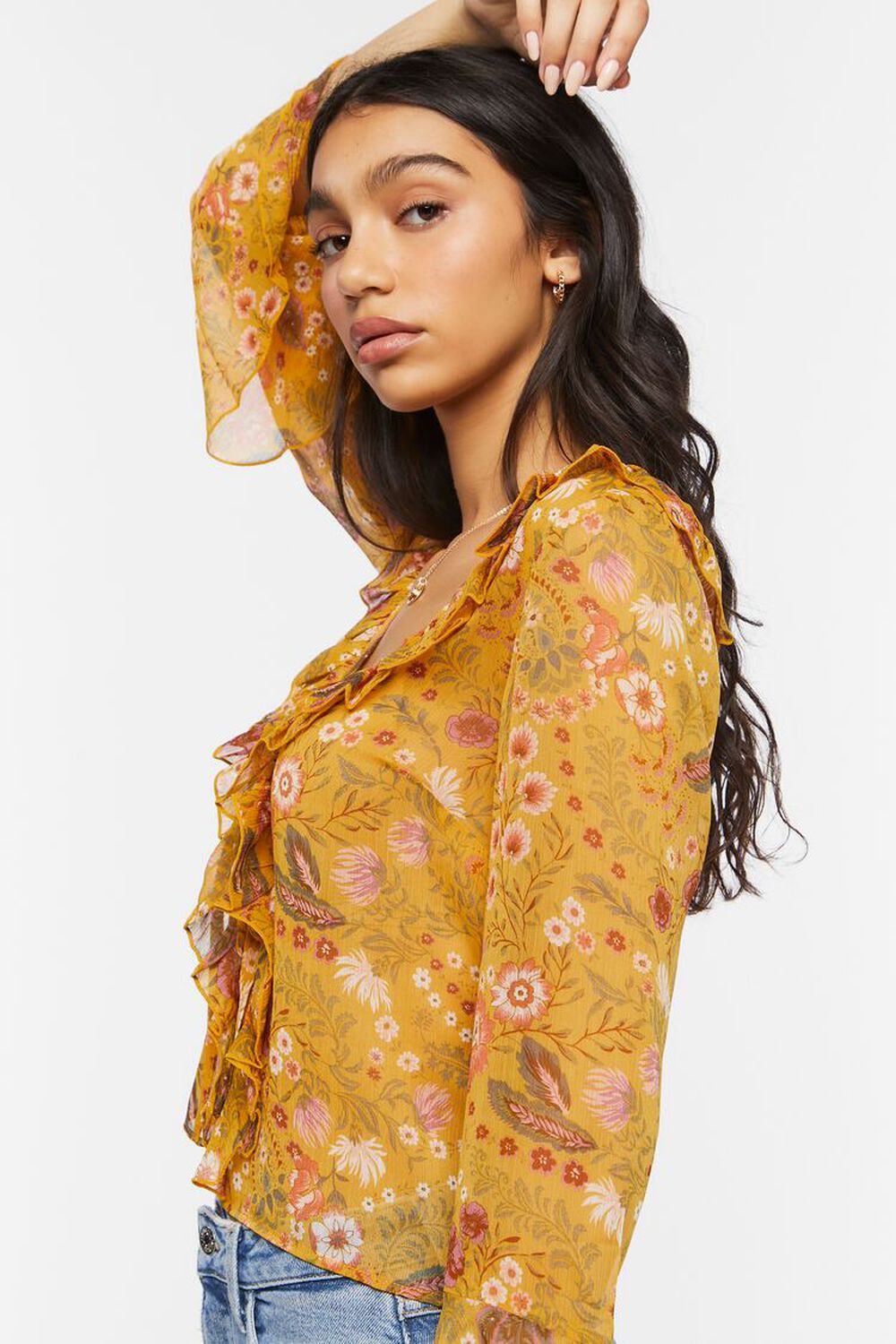 GOLD/MULTI Floral Print Ruffled Flounce Top, image 2