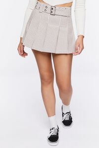 TAUPE/MULTI Pleated Gingham Mini Skirt, image 2