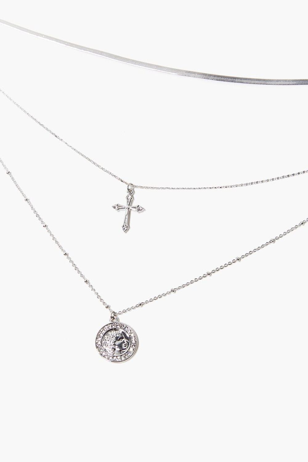 SILVER Coin Pendant & Cross Charm Layered Necklace, image 1