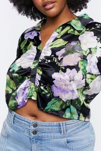 BLACK/MULTI Plus Size Satin Floral Print Shirt, image 5