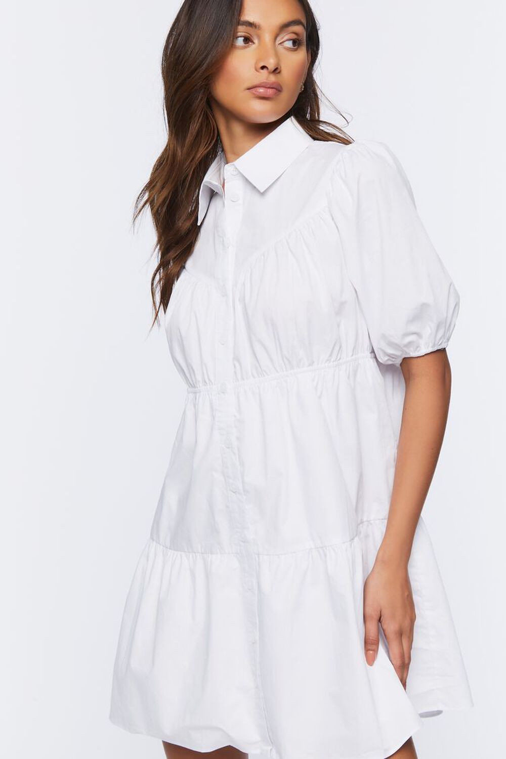 WHITE Tiered Mini Shirt Dress, image 1