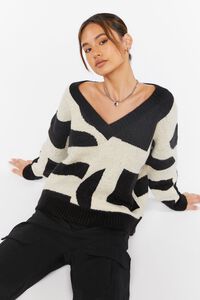 BEIGE/BLACK Abstract Print V-Neck Sweater, image 7