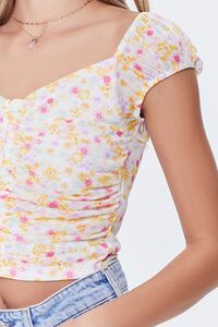 IVORY/MULTI Floral Print Ruched Mesh Crop Top, image 5