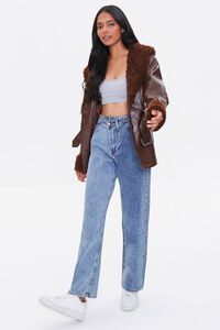 BROWN Faux Leather Belted Faux Shearling Jacket, image 4