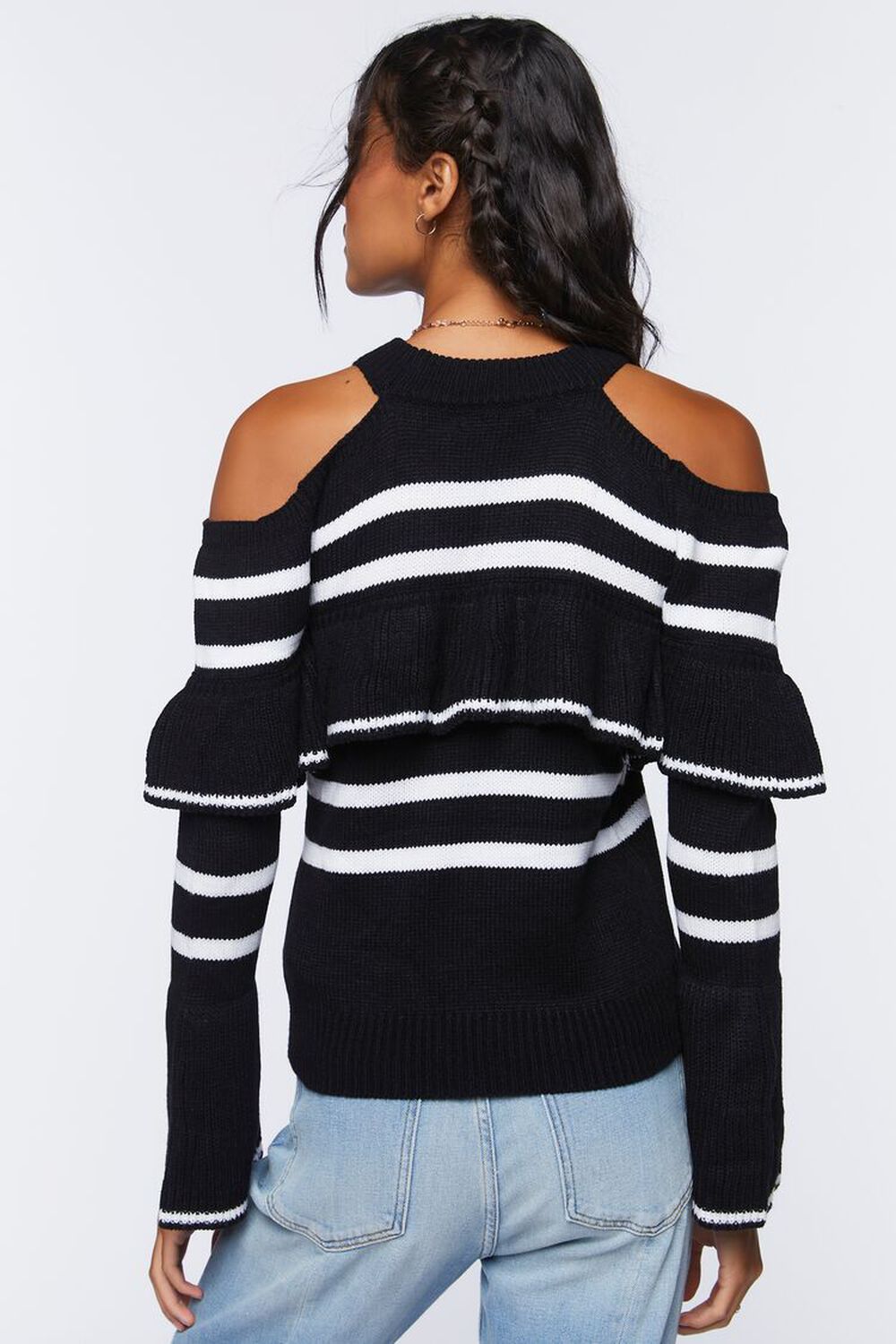 BLACK/CREAM Open-Shoulder Ruffle Sweater, image 3