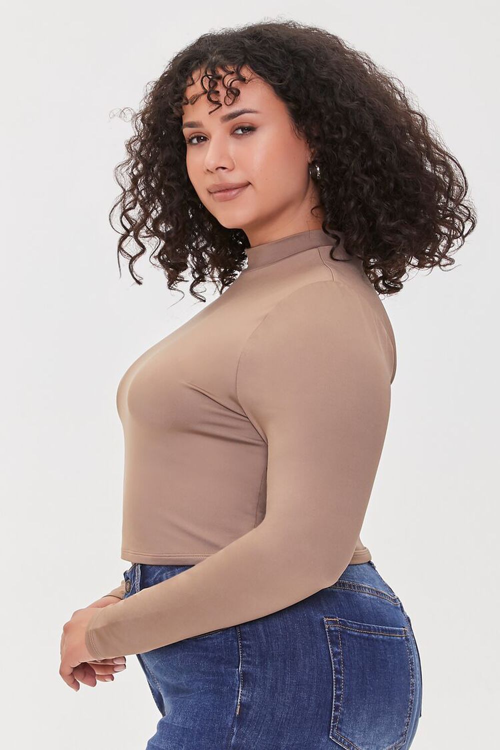 TAUPE Plus Size Mock Neck Crop Top, image 2