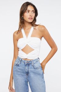 CREAM Knotted Cutout Halter Crop Top, image 1