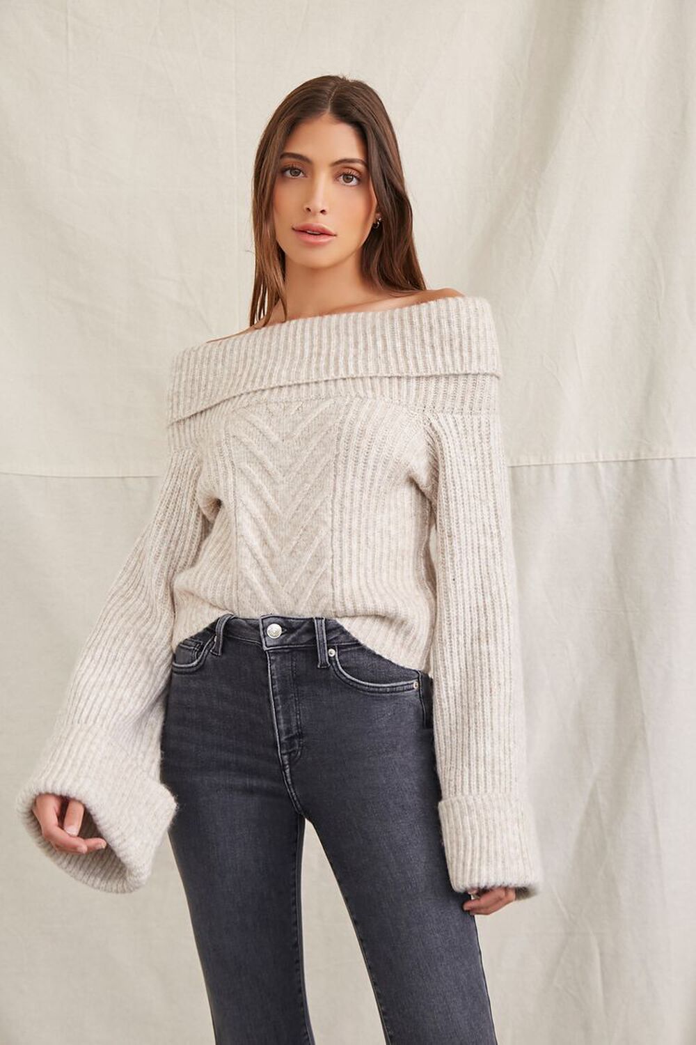 TAUPE Off-the-Shoulder Bell-Sleeve Sweater, image 1