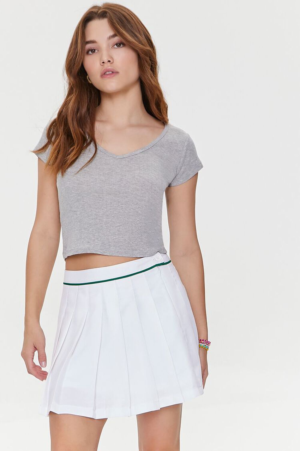 WHITE/GREEN Pleated Mini Skirt, image 1
