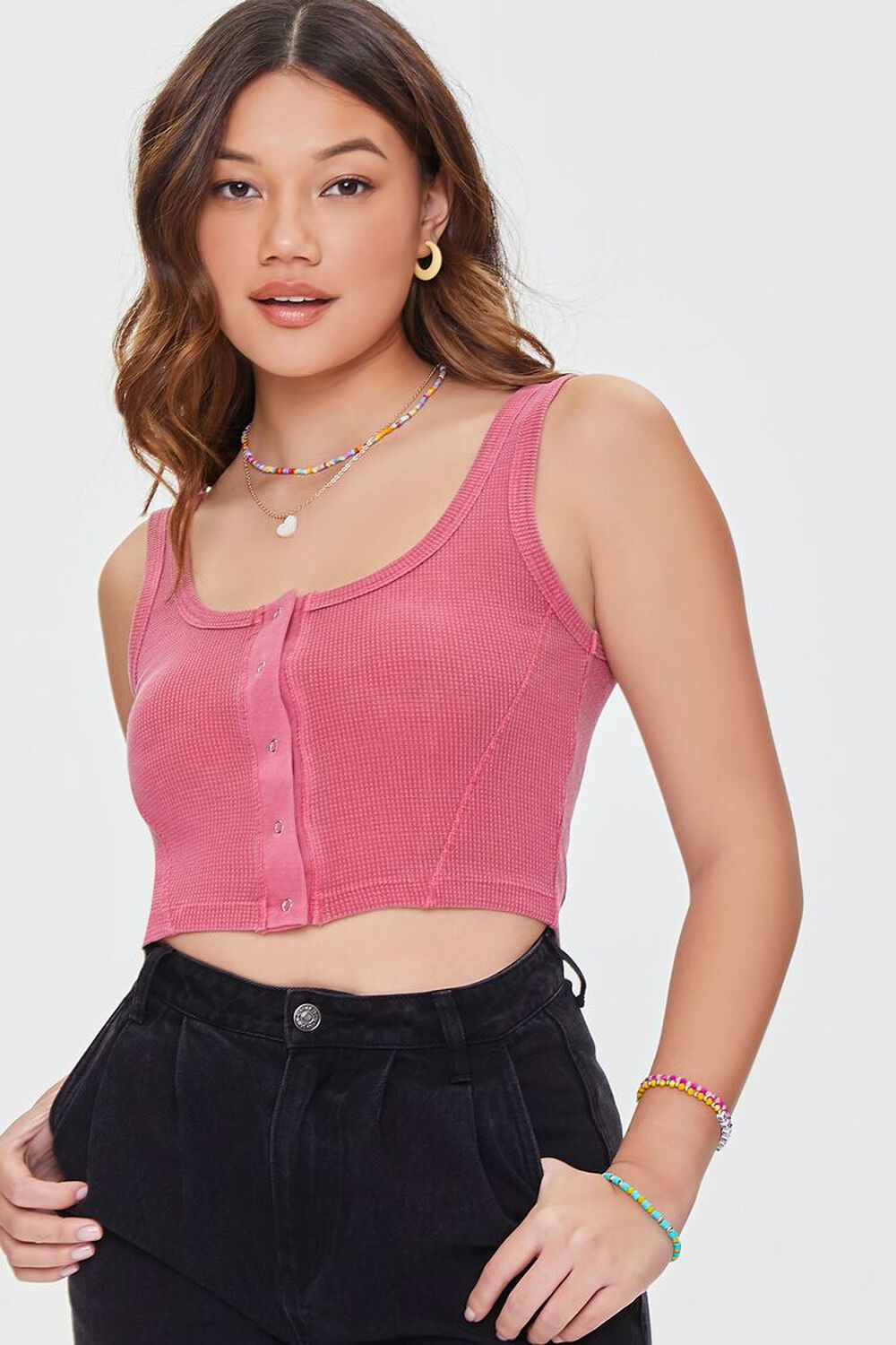 HIBISCUS Waffle Knit Button-Front Crop Top, image 1