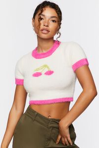 CREAM/PINK Cherry Sweater-Knit Cropped Tee, image 1