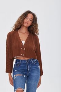 BROWN Ribbed Cropped Cardigan Sweater, image 5