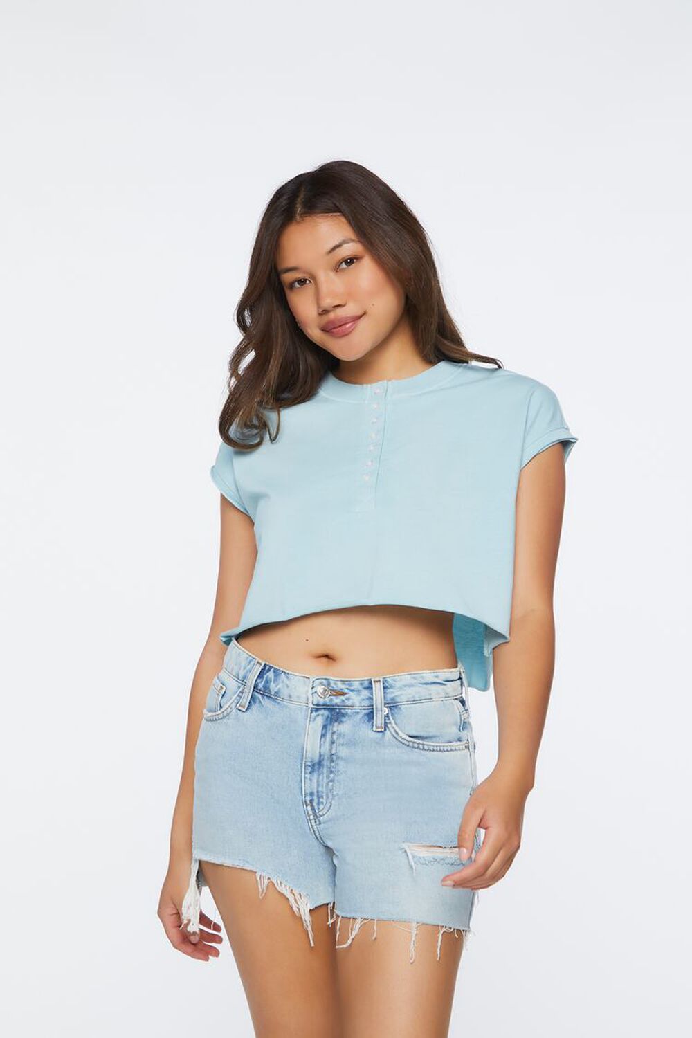 POWDER BLUE Ribbed Cropped Henley Tee, image 1