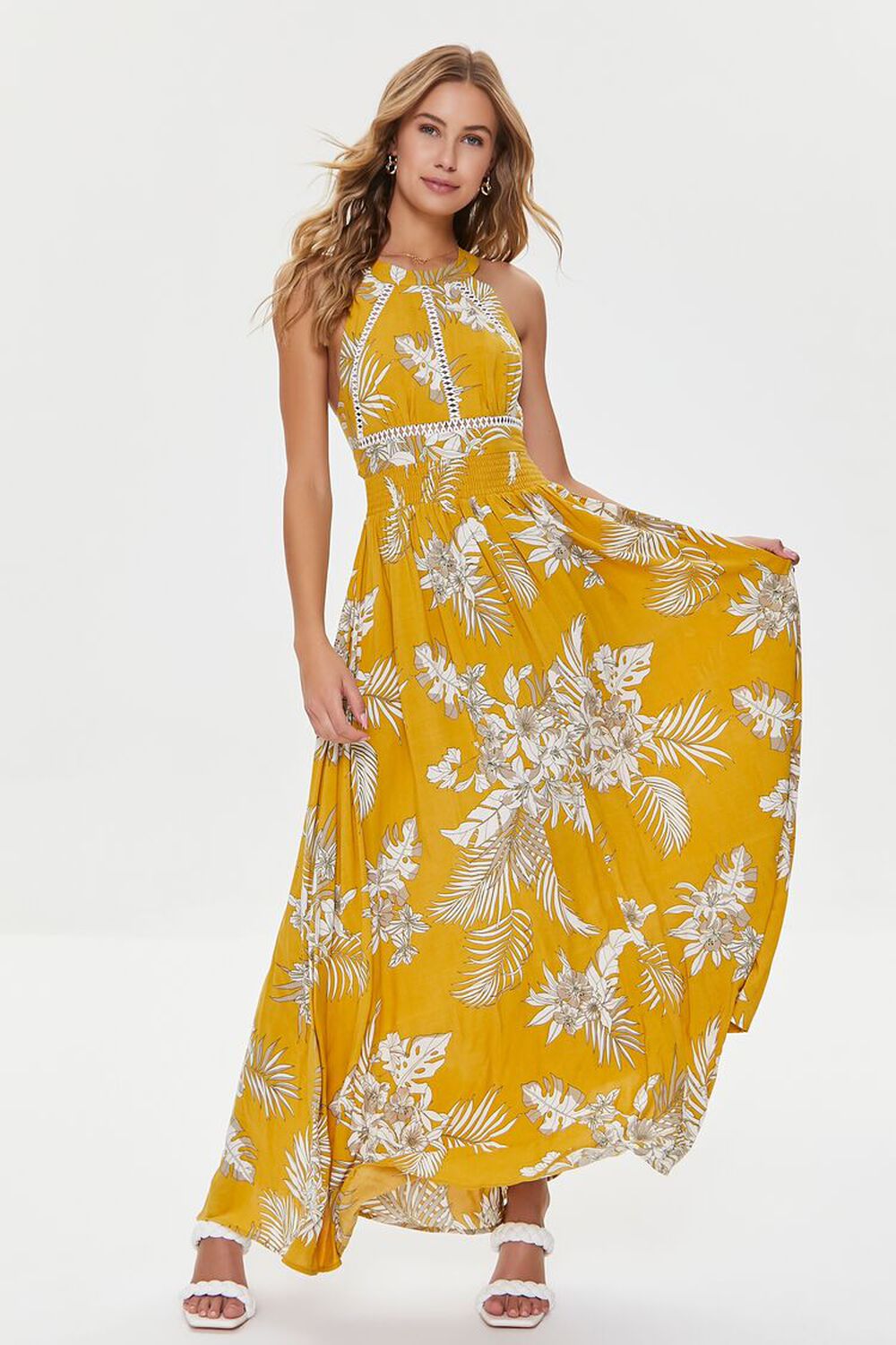 YELLOW/MULTI Tropical Leaf Print Maxi Dress, image 1