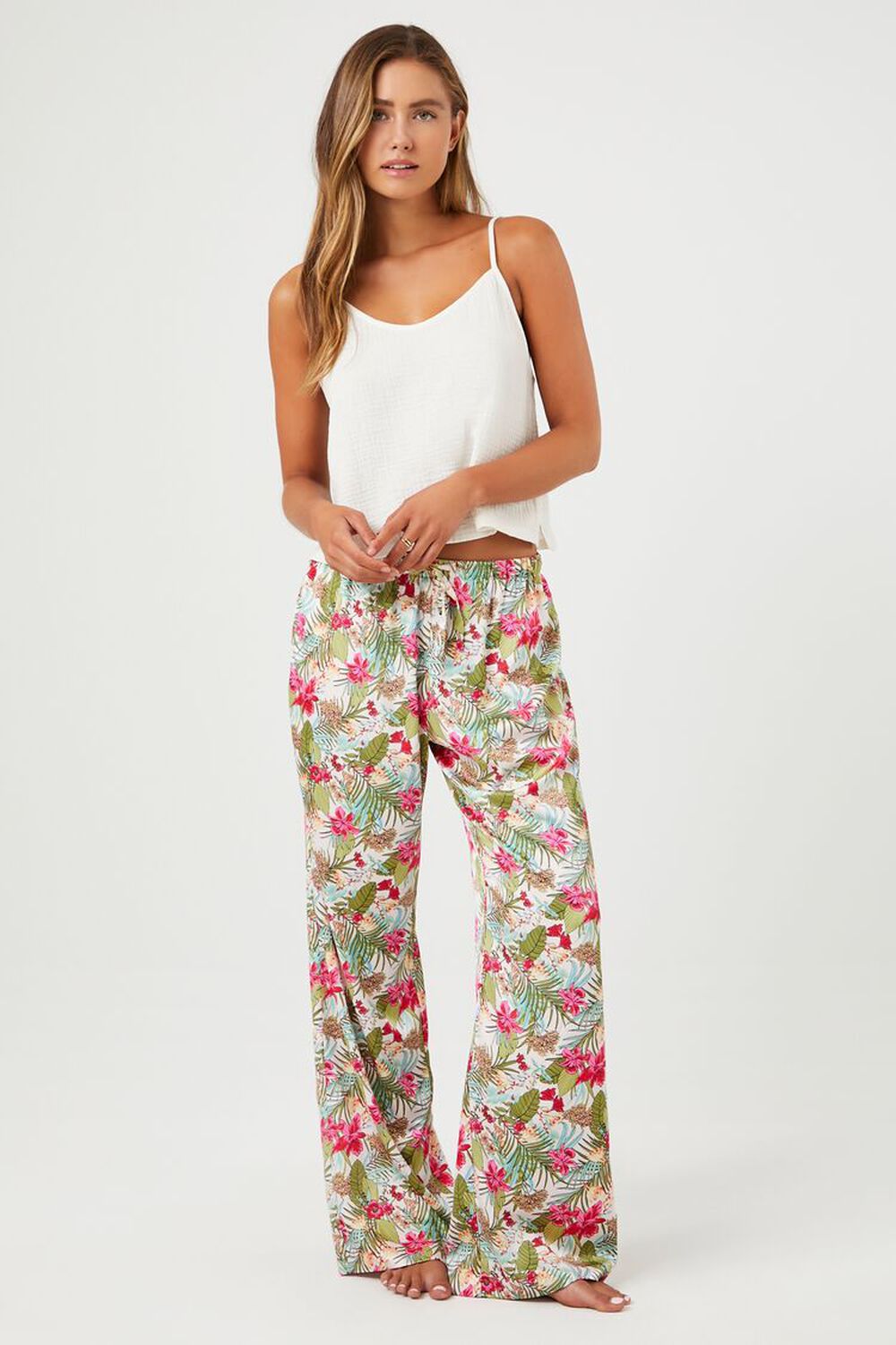 Satin Tropical Print Pajama Pants