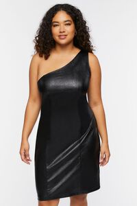 BLACK Plus Size Faux Leather One-Shoulder Dress, image 1