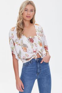 IVORY/MULTI Tropical Print Knotted Dolman Top, image 1