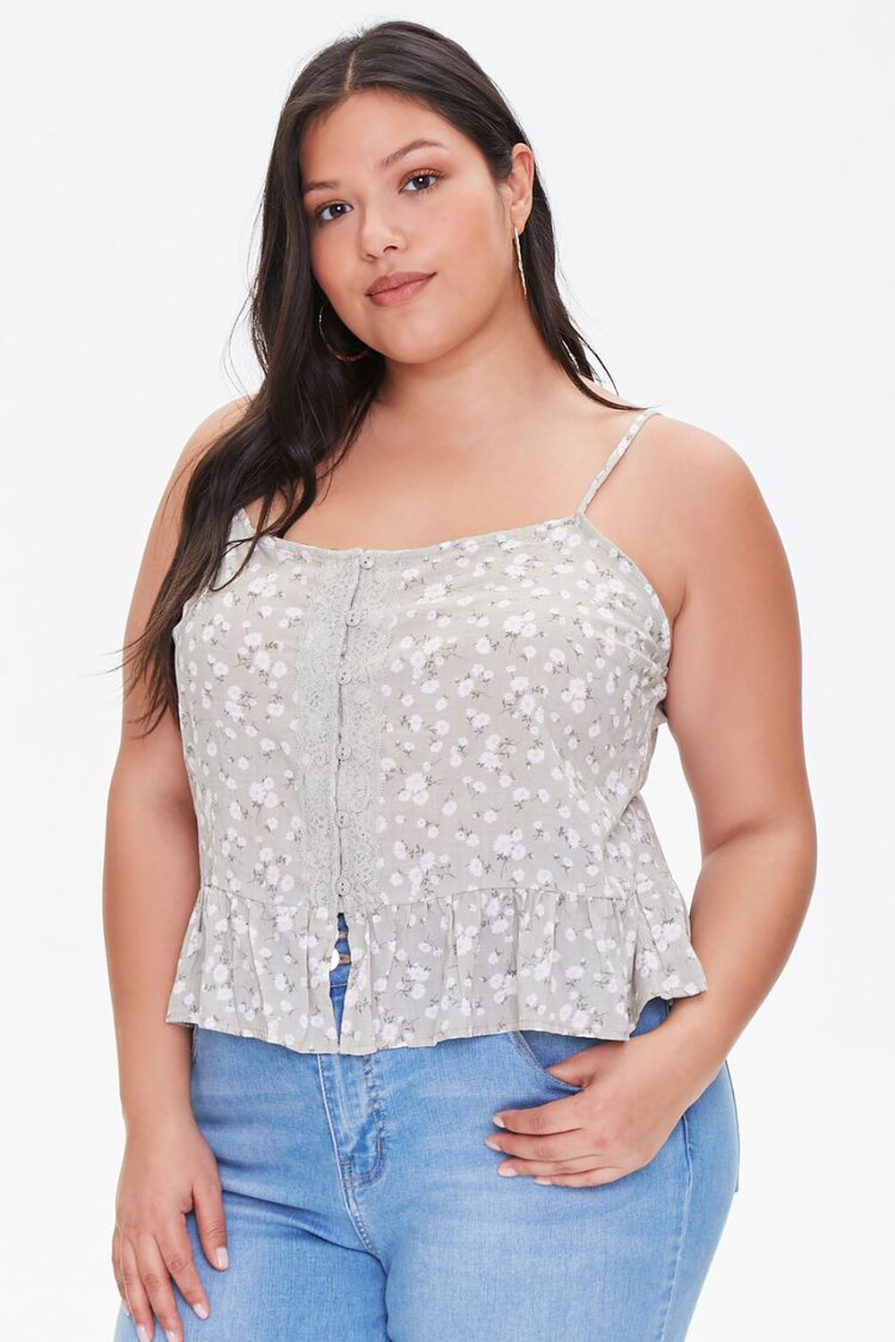 SAGE/WHITE Plus Size Floral Buttoned Cami, image 1