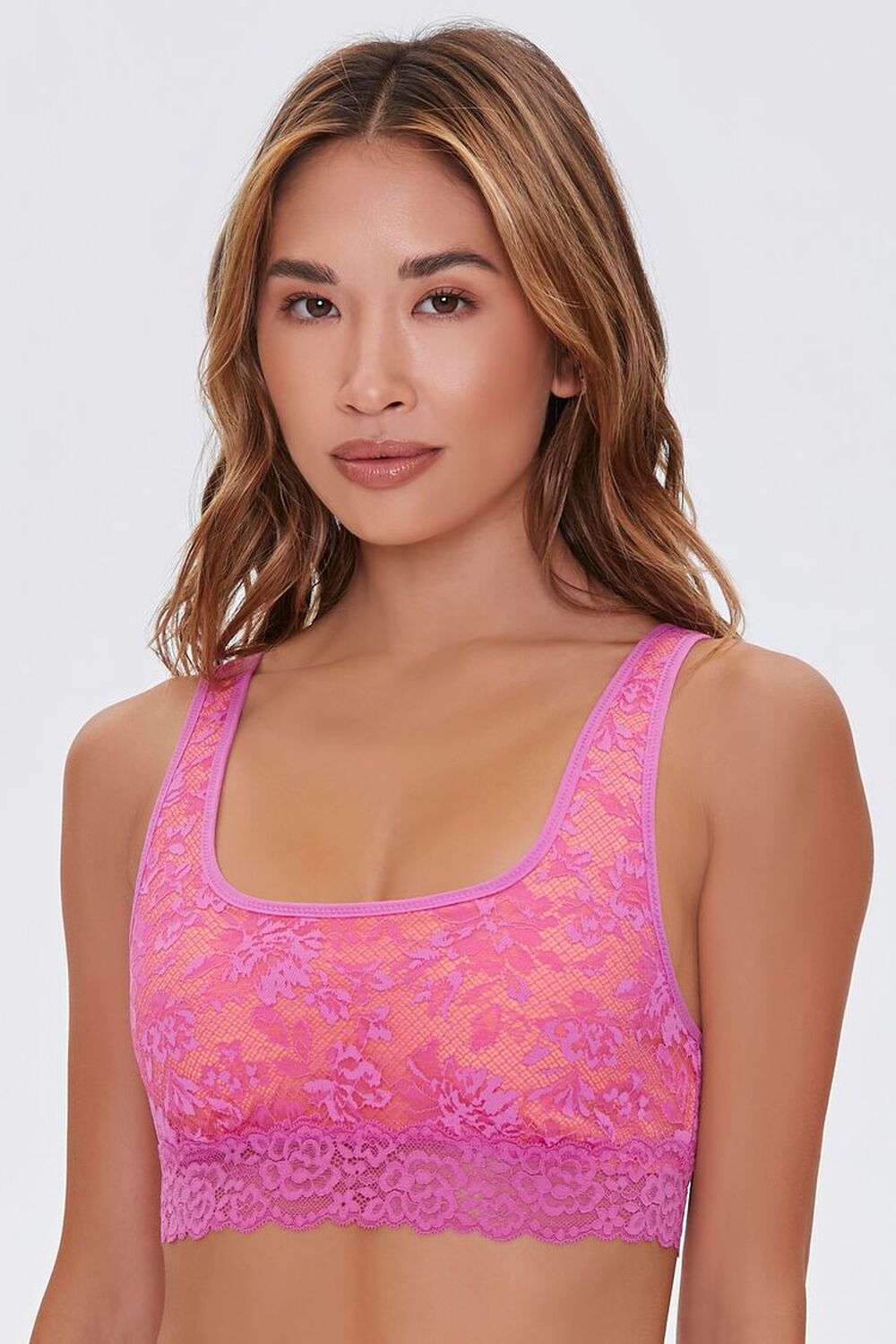 MAGENTA/NEON CORAL Floral Lace Scalloped Bralette, image 1