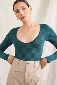 DARK GREEN Checkered Long-Sleeve Bodysuit, image 1