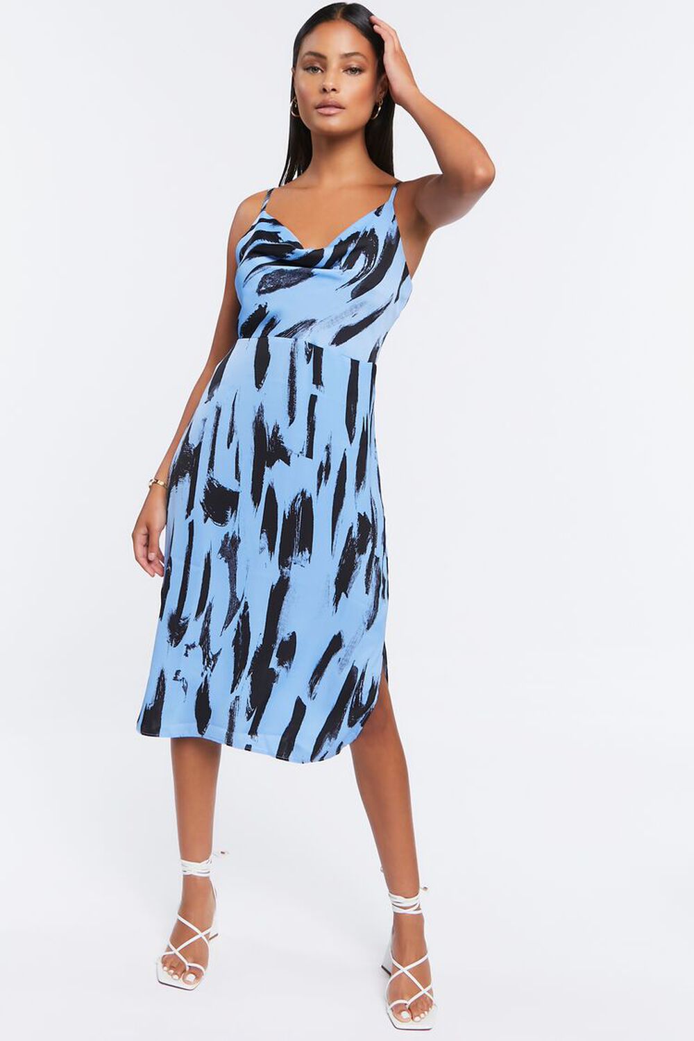 BLUE/MULTI Brushstroke Print Satin Midi Dress, image 1