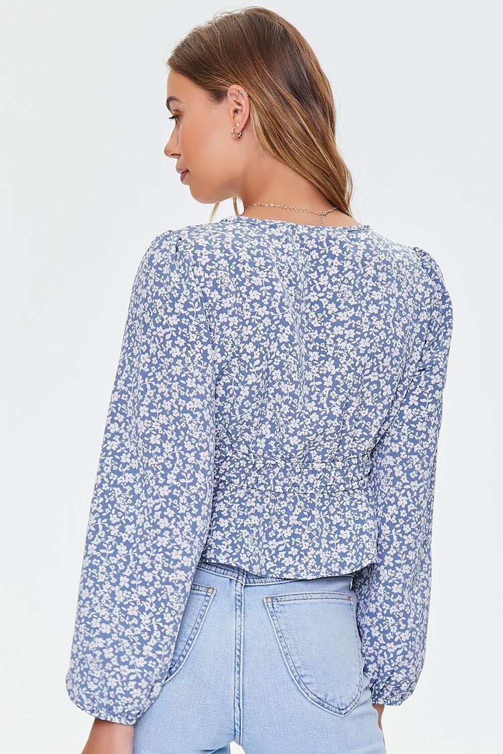 LIGHT BLUE/WHITE Ditsy Floral Print Flounce Top, image 3