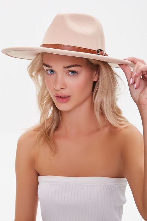 TAN Buckled Faux Leather-Trim Fedora, image 1