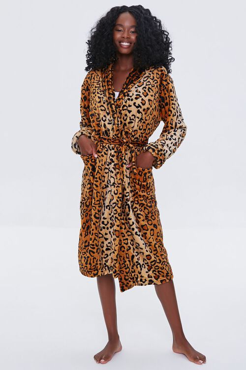 TAN/BLACK Leopard Print Tie-Waist Robe, image 4