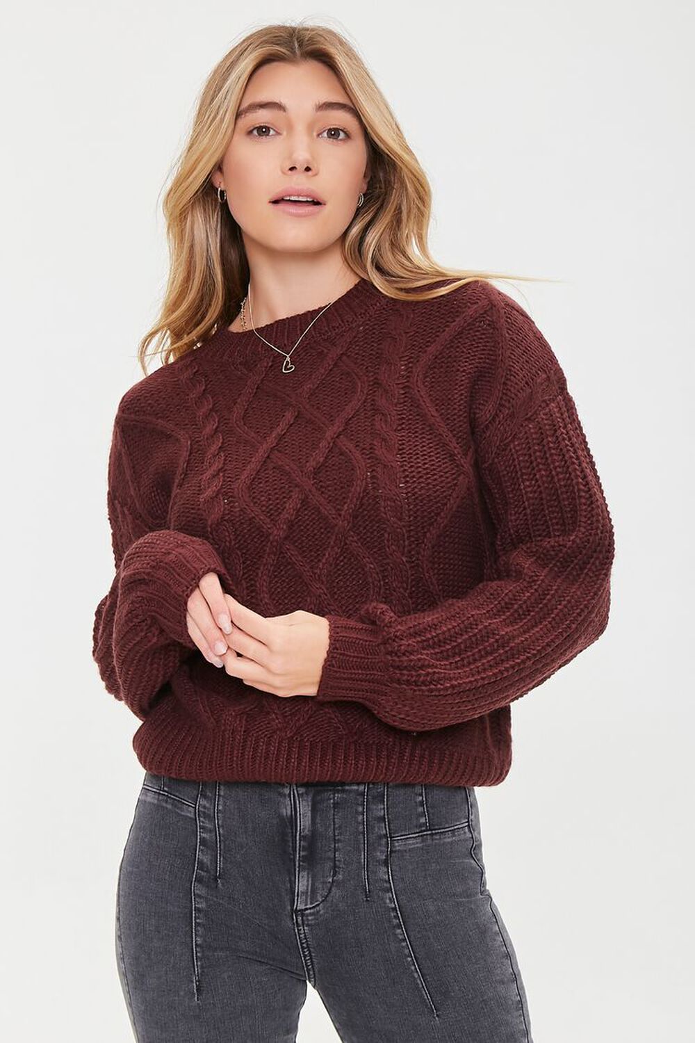 BURGUNDY Cable Knit Drop-Sleeve Sweater, image 1