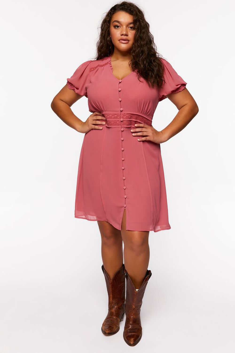 DUSTY PINK Plus Size Chiffon Puff-Sleeve Mini Dress, image 1