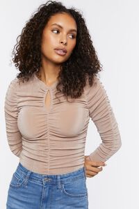 TAUPE Ruched Long-Sleeve Bodysuit, image 1