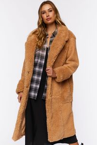 TAN Quilted Faux Shearling Duster Coat, image 4