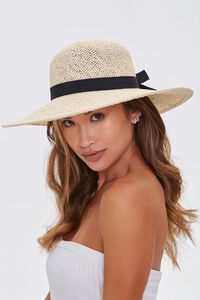 NATURAL/BLACK Faux Straw Bow Ribbon Boater Hat, image 2
