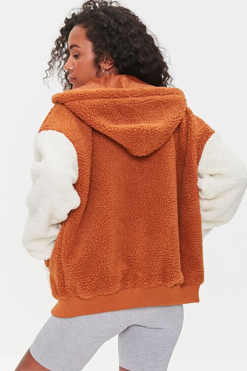 RUST/CREAM Colorblock Faux Shearling Hooded Jacket, image 3