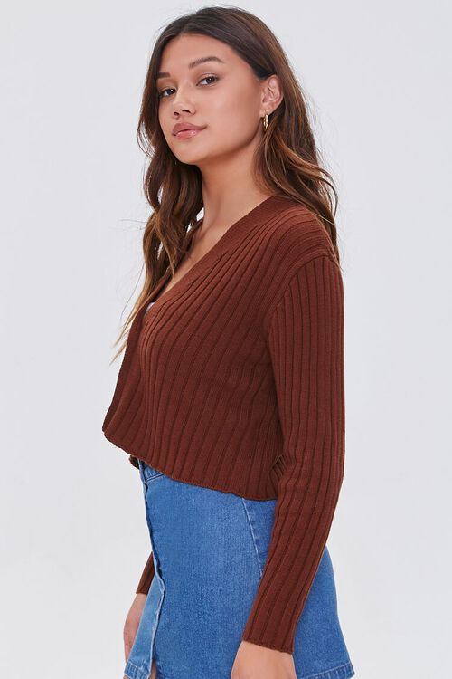 BROWN Ribbed Cropped Cardigan Sweater, image 2