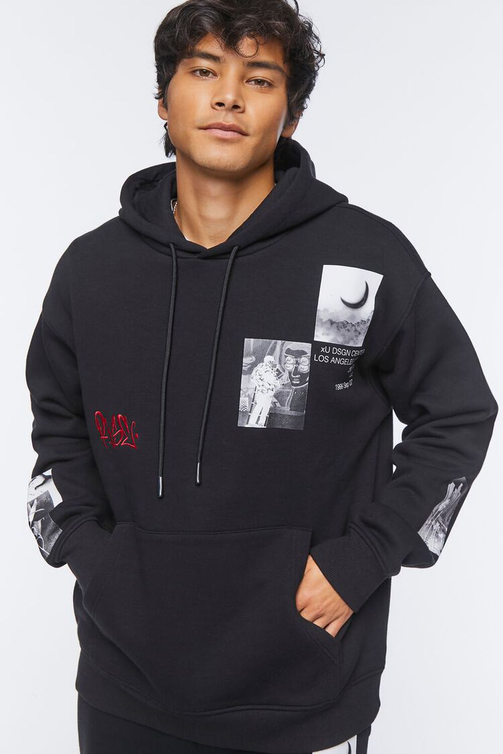 BLACK/MULTI Embroidered Rise Graphic Hoodie, image 1