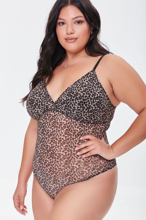 TAN/BLACK Plus Size Leopard Mesh Bodysuit, image 1