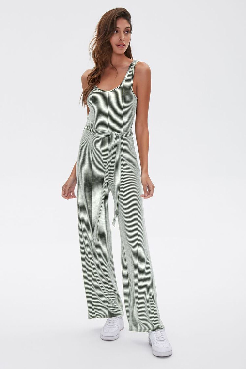 OLIVE/CREAM Ribbed Pinstriped Jumpsuit, image 1