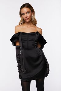 BLACK Satin Off-the-Shoulder Corset Dress, image 1